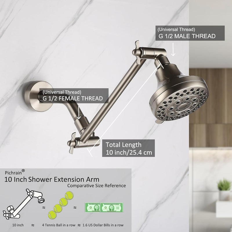 Pichrain Shower Head Extension Arm, Adjustable Shower Head Arm Extender with Locking Set Screw, G1/2 Connector for Fixed/Rain/Handheld Showerheads, Easy Installation (Brushed Nickel, 10 Inch) - Image 2